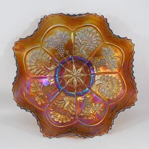Antique Fenton Amethyst Carnival Glass Bowl Peacock & Grape Ruffled Collar Base